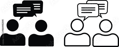 set of black and white icons people talking two person chat  speech bubbles