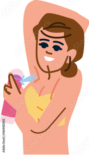 Woman using deodorant spray on armpit after shower