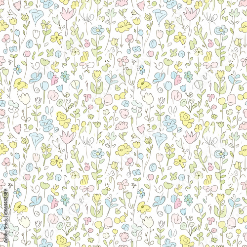 Seamless Pattern, Dainty floral sketch pattern showcasing a whimsical spring meadow with soft pastel hues Stock royalty free image.