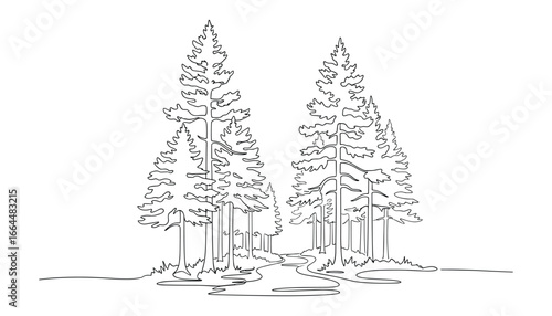 Simple line drawing of a forest scene with pine trees and a path. Black outline. Landscape scenery, Vector Illustration.