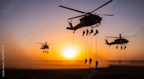 Military Helicopters Rappelling Soldiers at Sunset