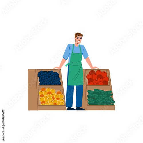 Greengrocer working at fruit and vegetable stall with fresh produce