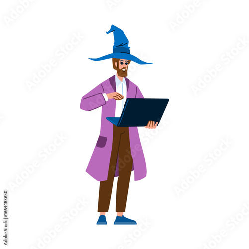 Modern wizard using laptop for online spell casting and digital magic