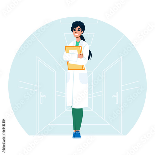 Smiling doctor holding medical record standing in hospital corridor