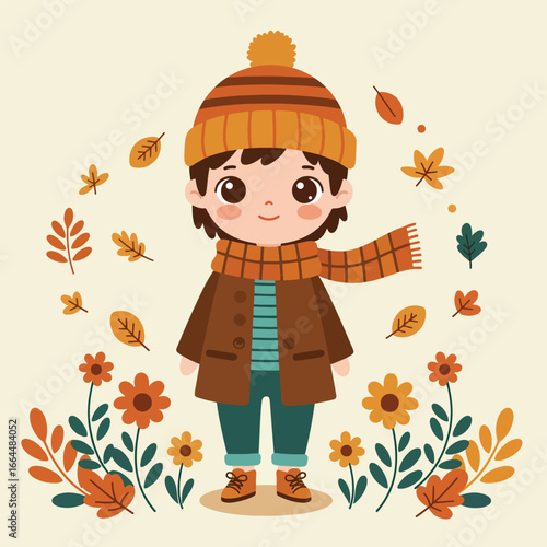 Adorable Cartoon Boy Enjoying Autumn Season.