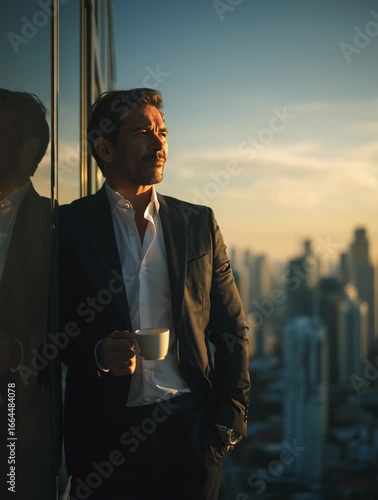 Stylish businessman in suit holding coffee cup standing by office window overlooking city skyline at sunrise, professional lifestyle concept symbolizing ambition, success and leadership