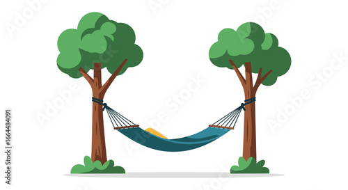 An inviting blue hammock, complete with a soft yellow pillow, is perfectly suspended between two strong green trees, offering a peaceful symbol of ultimate outdoor relaxation.