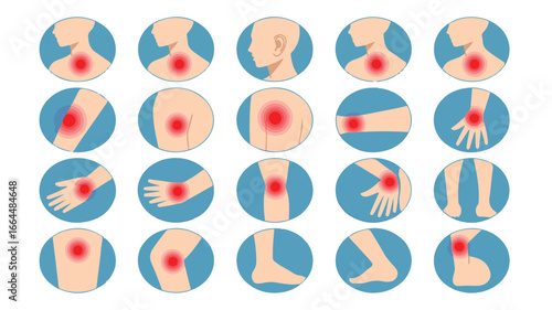Collection of Body Part Pain Icons with Red Inflammation Zones body pain joint pain