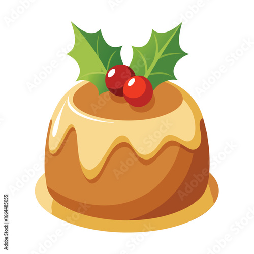A christmas pudding dessert with cream topping and holly, a traditional and delicious icon for holiday feasts and treats.