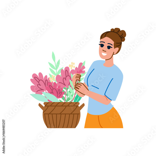 Florist arranging flowers in wicker basket for delivery or display