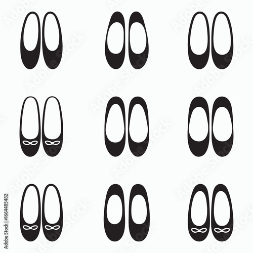 Collection of solid ballet flat shoe icons isolated on white background