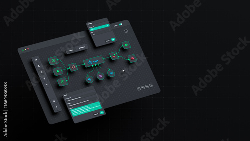 AI workflow automation artificial intelligence software interface nodes triggers data tool dashboard coding icon flow process technology 3d rendering.