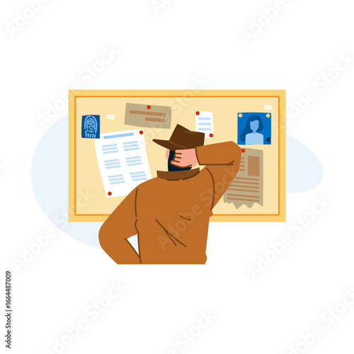 Detective investigating crime, examining evidence board with suspect photos and notes