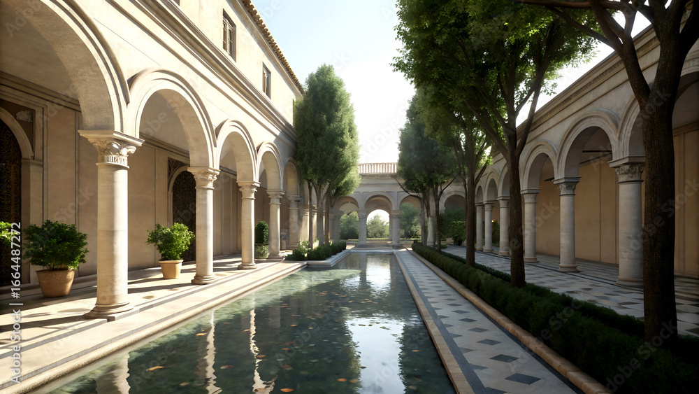 Fototapeta premium Stunning courtyard with serene reflecting pool framed by elegant arches and lush greenery for peaceful retreat