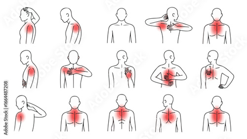 Human Body Pain Locations Medical Illustration Set Showing Neck Shoulder Chest and Back Discomfort