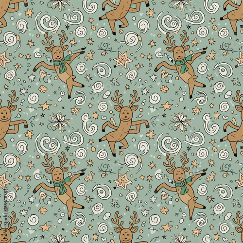 Seamless Pattern, Playful Christmas pattern featuring dancing reindeer stars and whimsical swirls Stock royalty free