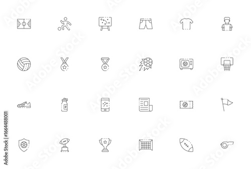 Football_5314 icon set. Sports vector illustrations. Includes symbols for football field, referee, trophy, medal, volleyball, american football, goal box, boots and more. Editable stroke design.