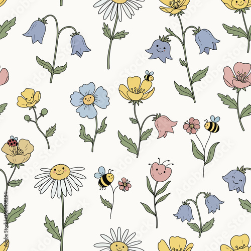 Seamless Pattern, Playful floral pattern with smiling flowers and buzzing bees in soft colors Stock royalty free