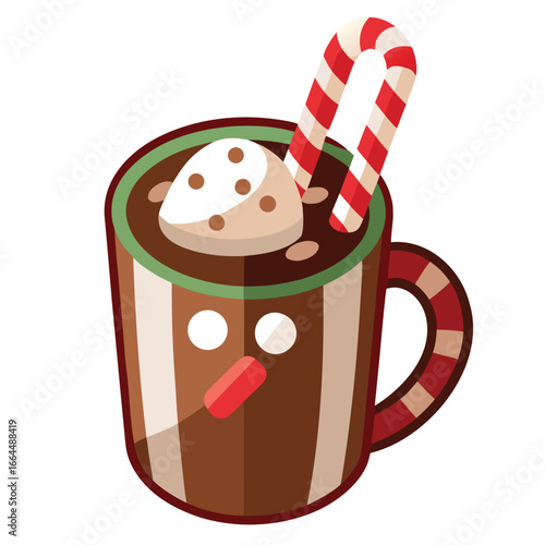 A cozy cup of hot chocolate with marshmallows and a candy cane, a festive and warm icon for holiday comfort.