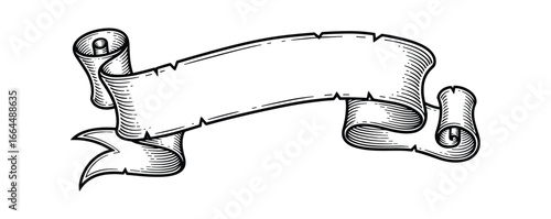 Decorative scroll banner with engraved texture. Graphic element. Black and white scroll vector.