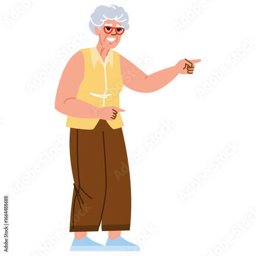 Smiling senior woman pointing finger showing direction