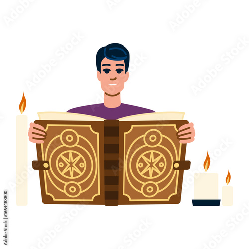 Fortune teller reading ancient magic book by candlelight
