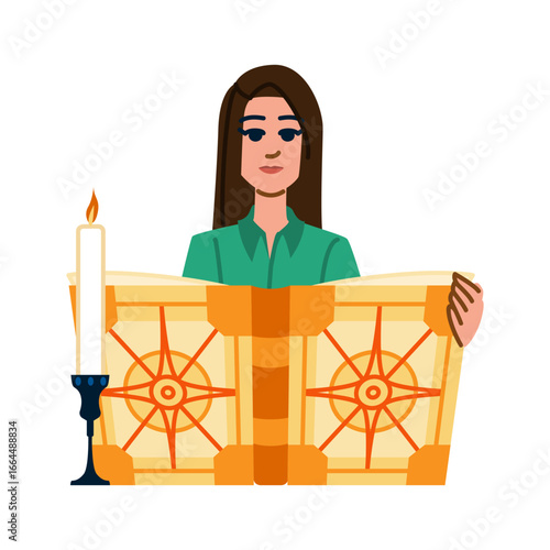 Woman reading esoteric grimoire by candlelight, occult study