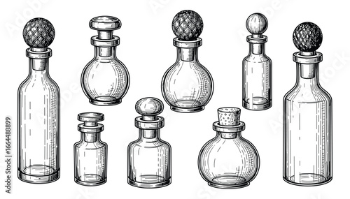 Set of vintage engraved style bottles for perfume, potion, and apothecary container. Vector Illustration