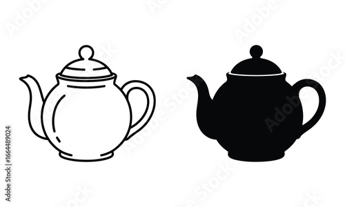 WebIllustration of two teapots, one in outline and the other in silhouette, , showcasing classic kitchenware for brewing hot beverages and adding a touch of vintage charm to tea time
