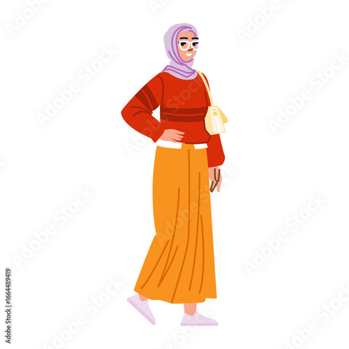Stylish muslim woman walking and holding sunglasses and purse