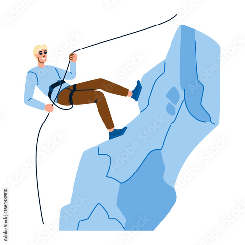 Climber rappelling down a steep rock face using rope and harness