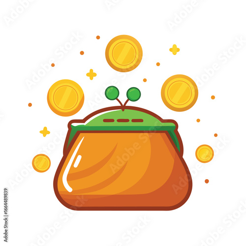 A detailed coin purse with scattered coins around it, a vintage and professional icon for money, savings, and budgeting.