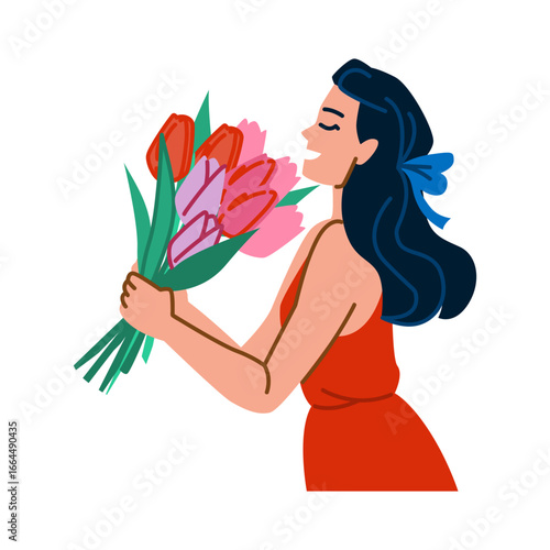 Woman smelling colorful tulips bouquet celebrating women's day