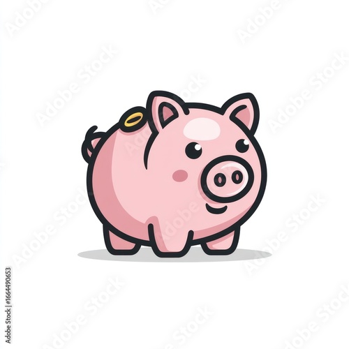Cartoon pink piggy bank with coin, simplistic, against a white background