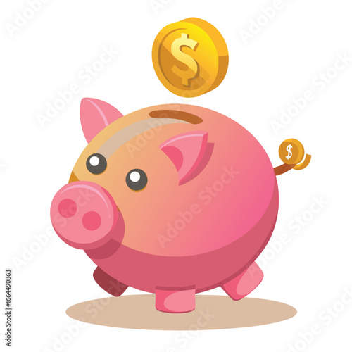 A dollar coin dropping into a piggy bank, a realistic 3D icon for savings, investment, and financial planning.