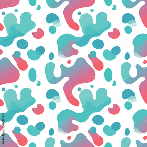 Seamless Pattern, Abstract pattern featuring fluid shapes in teal and coral hues on white Stock royalty free
