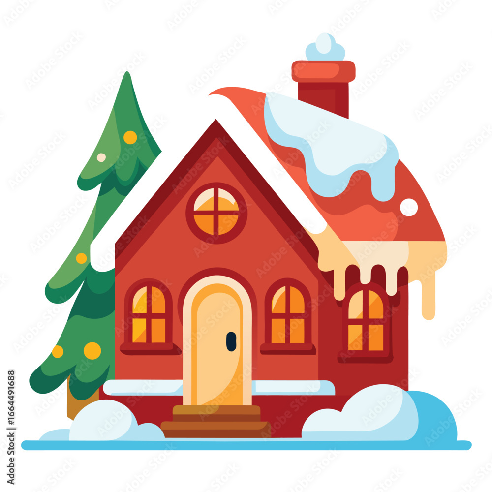 Fototapeta premium A festive snow-covered village house, a cozy and classic icon for winter holidays, christmas, and home.