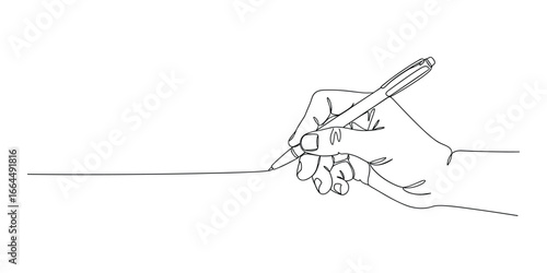 Illustration of a hand holding a pen and writing. Continuous line drawing, minimalist design. Vector illustration.