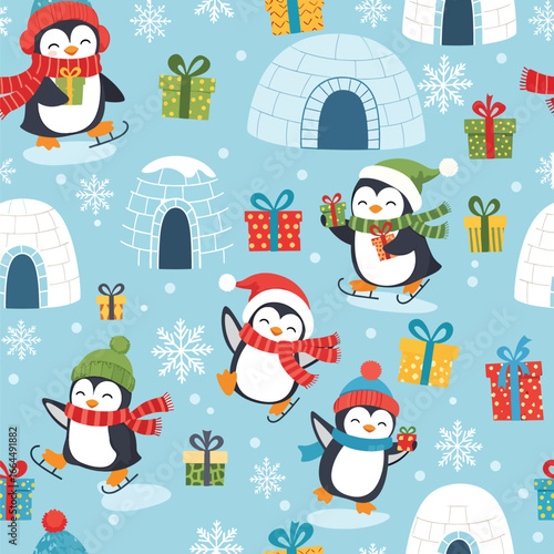 Seamless Pattern, Playful penguins skating with gifts amid snowflakes and igloos pattern Stock royalty free