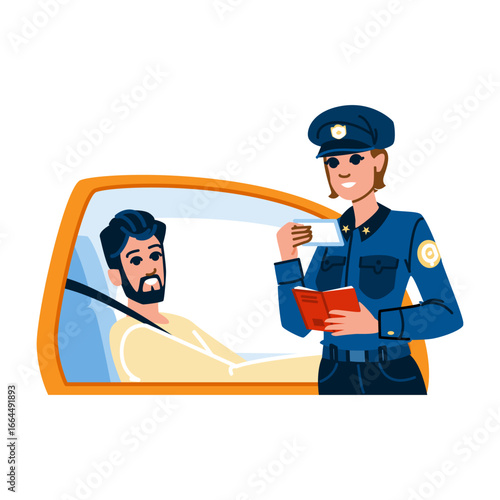 Policewoman checking driver's license during roadside control
