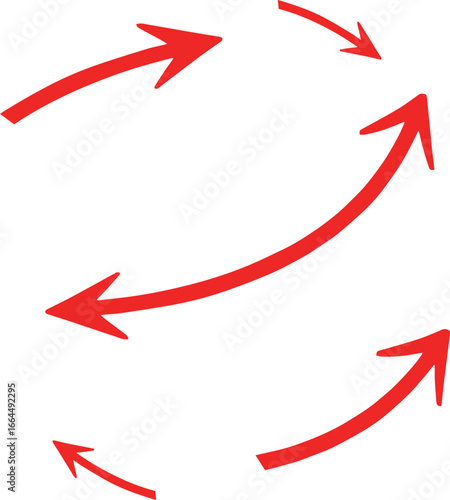 Collection of red hand-drawn arrows pointing in various directions showing movement and direction