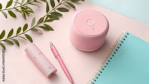 Flat lay of pastel tech and stationery with leafy accent on pink-blue background – Minimalist workspace, feminine productivity, soft color palette, aesthetic tools, creative planning, modern lifestyle