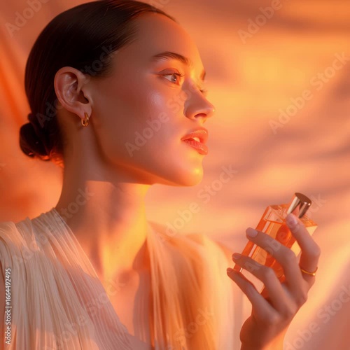 Elegant woman holding perfume bottle in warm golden sunlight, beauty fashion portrait concept symbolizing fragrance, luxury cosmetics and feminine lifestyle inspiration