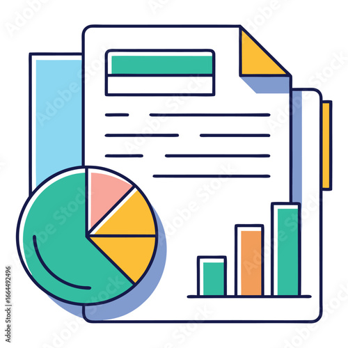 A finance document with a pie chart and graphs, a clean and professional icon for financial reports and business analysis.