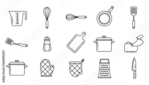 Set of kitchen tools and utensils outline style. Cooking theme icons design. Vector Illustration