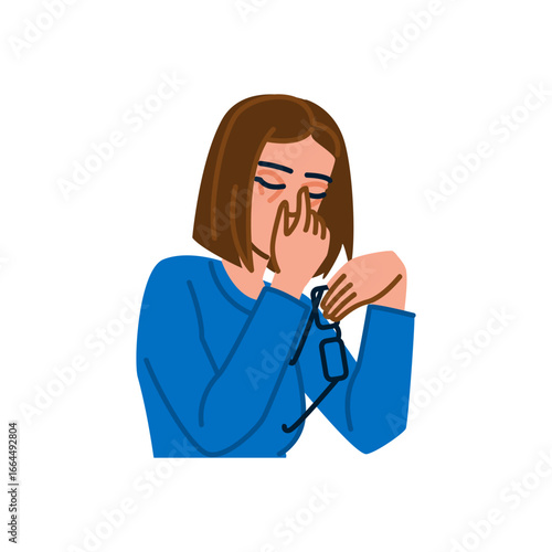 Tired woman rubbing eyes and holding eyeglasses, suffering from eye strain