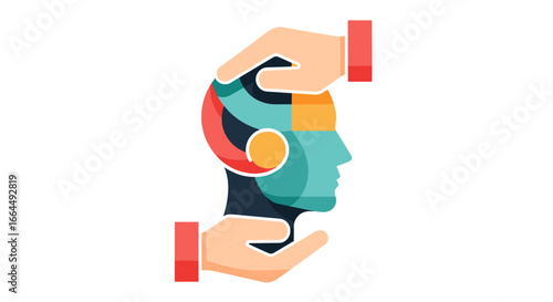 Caring hands gently support a stylized, abstract head profile, representing the vital protection of mental health, artificial intelligence, and innovative thought processes.