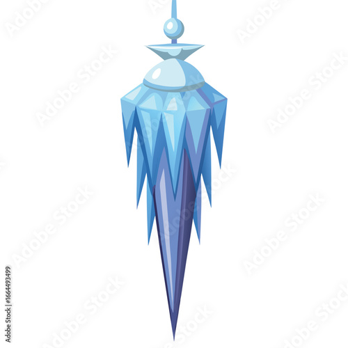 A frosty icicle ornament hanging, a realistic and shiny icon for winter, cold weather, and festive holiday decor.