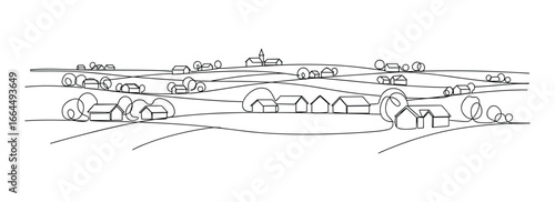 A minimalist landscape drawing featuring a village with houses and trees. Simple black outline rural scenery.