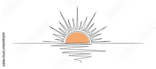 Minimalist drawing of sunset, featuring reflection on water. Simple nature scenery. Vector Illustration.